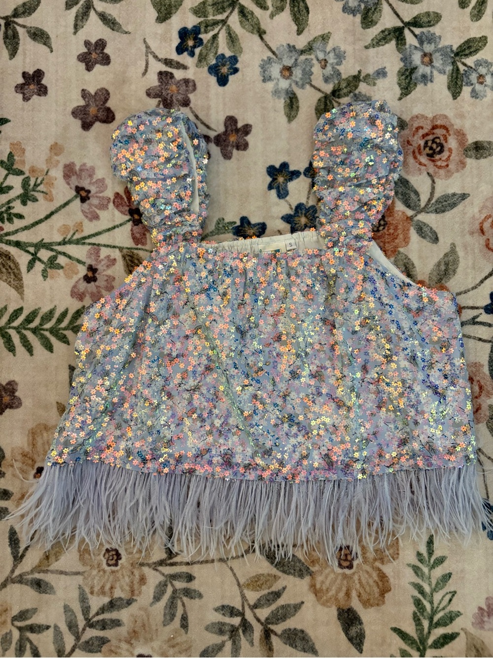 QUEEN OF SPARKLES Pastel Floral Sequin Crop Top with Holographic Flowers